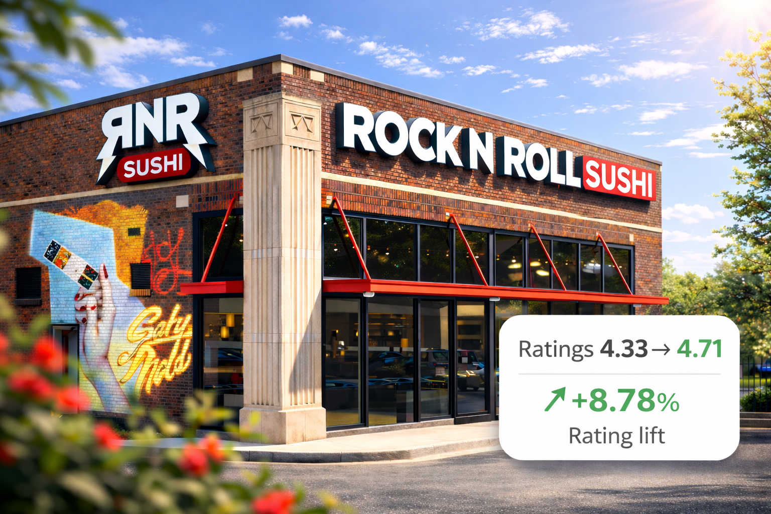 Rock N Roll Sushi storefront with rating lift callout from 4.33 to 4.71 after restaurant review management rollout